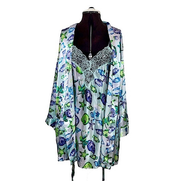 Victoria’s Secret Vintage 90’ Aquarium Fish Satin Silky Set Babydoll M Robe Os